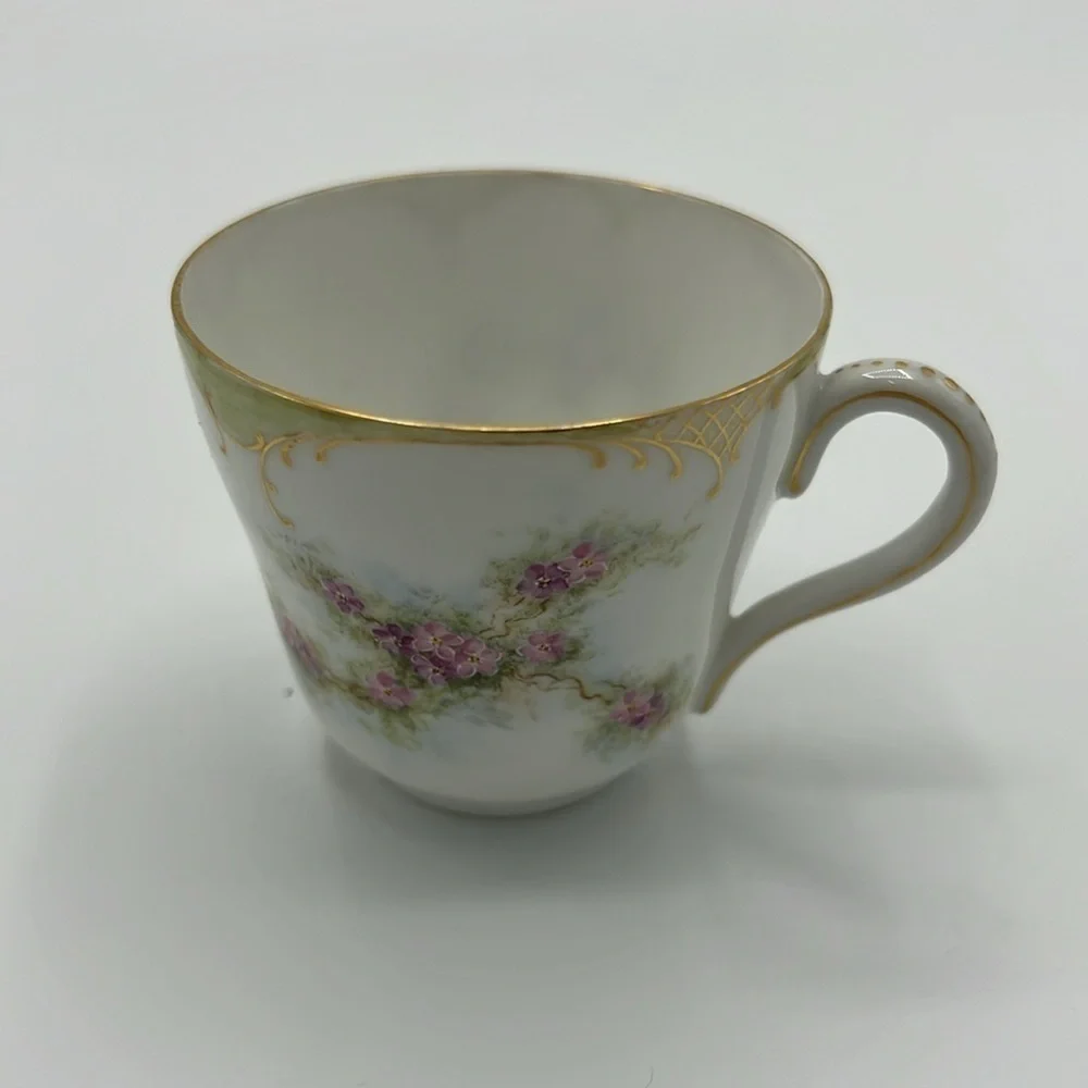 THEODORE HAVILAND EARLY 1900’s VINTAGE PINK PURPLE FLORAL TEA CUP AND SAUCER SET